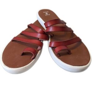 Shade & Shore flat strappy sandals warm brown upper, white sole, size 9